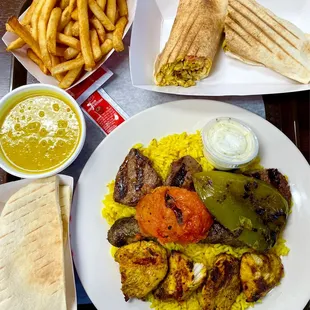 a plate of food and french fries