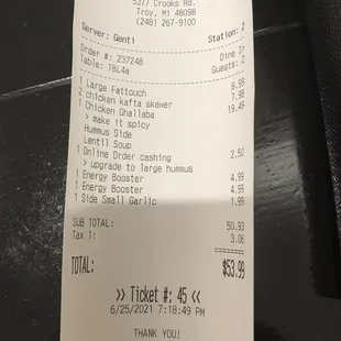 the receipt for the restaurant