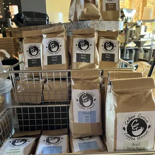 a display of coffee bags