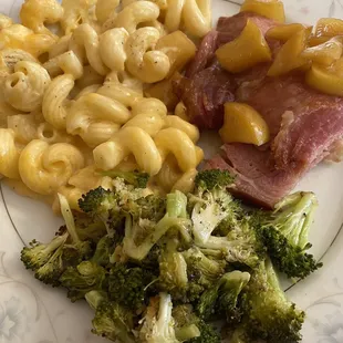Honey ham with apple compote. Sides- macaroni cheese and roasted broccoli