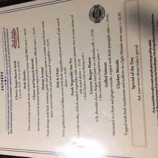 the menu for the restaurant
