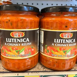 a shelf of jars of lutenica a chunky fresh