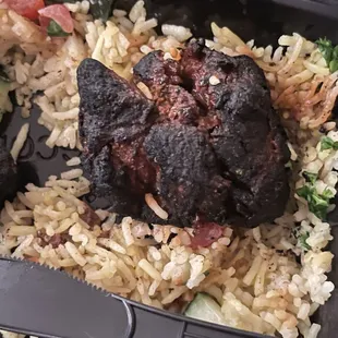 Lamb shish kabob plate.