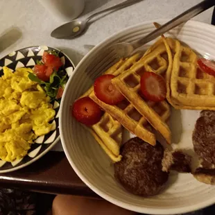 Belgium waffles side of scrambled eggs. Hot coffee was incredible!