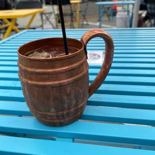 a cup of coffee on a blue table