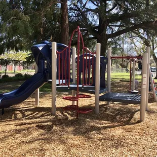 Toddler play structure. Recommended for ages 2-5 years with adult supervision. 1 slide, climbing wall, balance beam, stepping pods