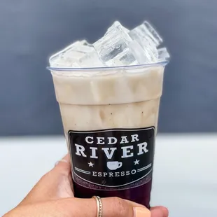 a hand holding a cup of iced coffee