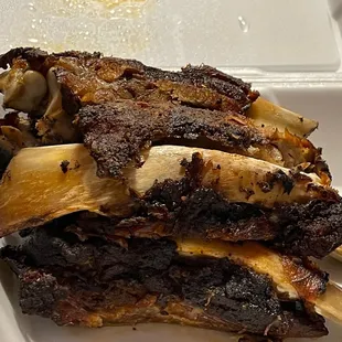 2 Piece Mesquite Beef Ribs Dinner. All bone and beef jerky type meat.