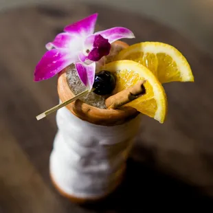 The Pearl diver: coconut cream, gardenia mix, rum blend, orange, falernum, lime.