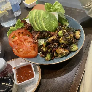Crispy Brussel Sprouts Bunless burger add avocado and egg