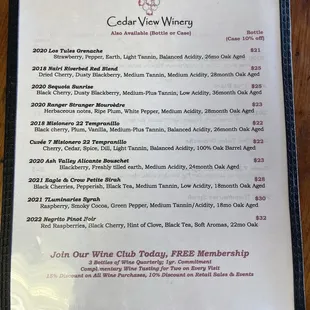 Wine menu
