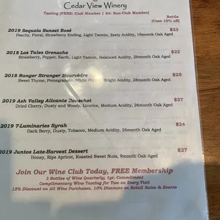 the menu for the wine tasting