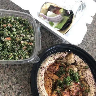 Taboule, Gyro, Hummus Shawarma with chicken