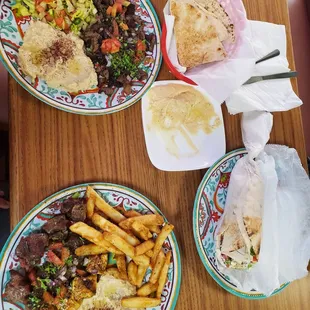 Cedars Mix Grill Plate, Beef Shawarma Plate, Gyro, Hummus Appetizer