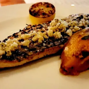 Mackerel with bone marrow crumbs and sweet potato with blood sausage