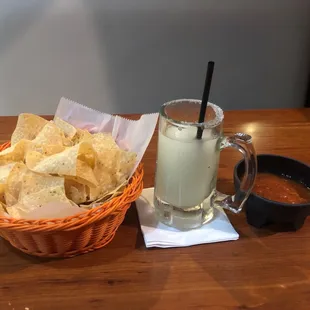 Chips, house salsa and margarita