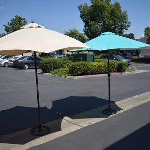 market umbrellas. Teal and Tan
