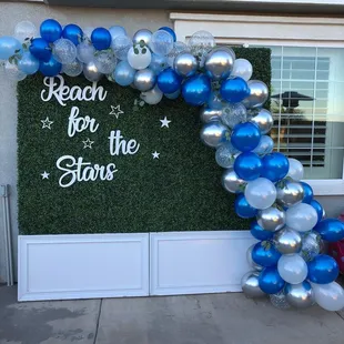 hedge wall, custom balloon garland and wood cutout