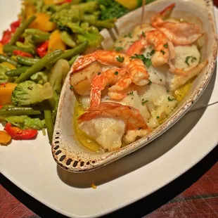 Scrod, Shrimp &amp; Scallops baked in Oil with 2 Veggie Sides