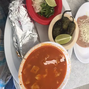 Menudo with fried jalapeños