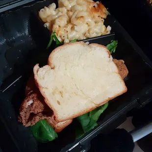 Fried catfish sandwich with mac and cheese