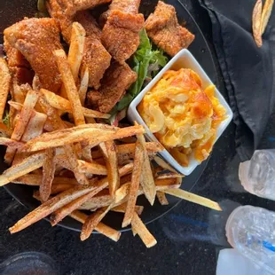 Salmon honey old bday nuggets entree with Mac n cheese and fries