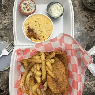 Catfish with lemon pepper fries Mac and Cheese
