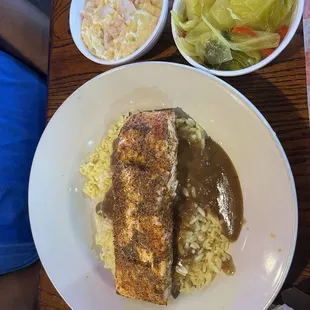 Blackened salmon over rice w/cabbage and Shrimp Potato Salad