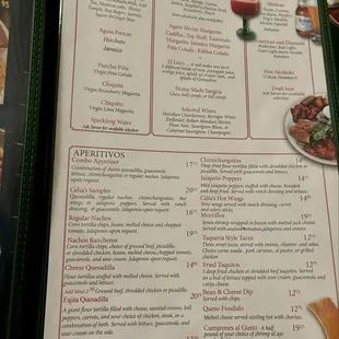Drinks and appetizers menu
