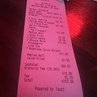 a receipt for $ 25
