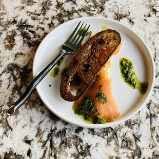 Smoke salmon, triple cream Brie, schkug