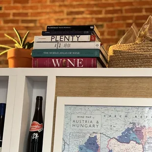 a wine bottle and a map