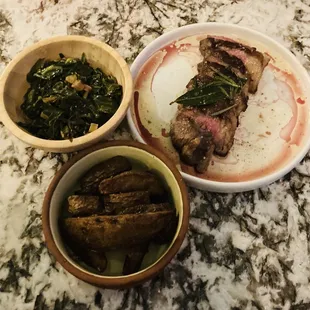 Bison steak with collards and potatoes