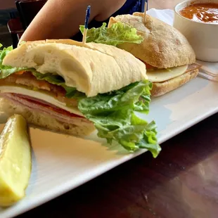 Italian sub with red pepper Gouda soup.