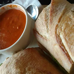 Veggie sandwich and red pepper Gouda soup