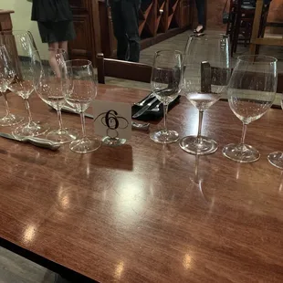 empty wine glasses on a wooden table