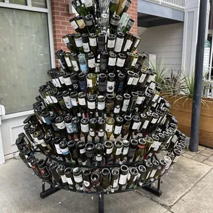 a wine rack made of wine bottles