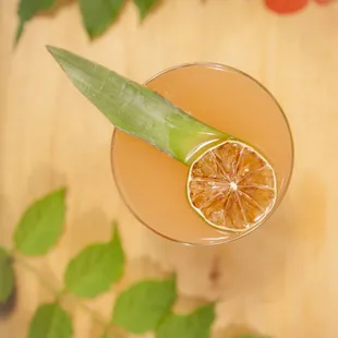 a glass of orange juice with a slice of lime