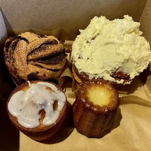 Babka, cream cheese cinnamon roll, earl grey financier, and canele