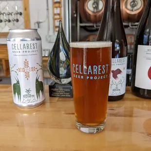 a glass of beer and a can of beer