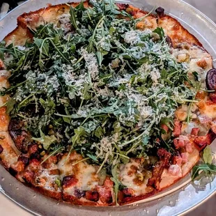 Mortadella &amp; Potato Pizza on GF crust  Mortadella, purple potato, pistachio pesto, rosemary black peeler honey, arugula and Parm.