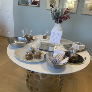 a table with desserts on it