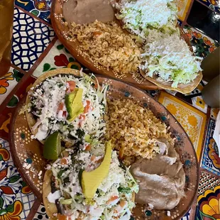 Chicken Tinga Tostada (with avocado) and Chicken Tostada (without tomatoes)
