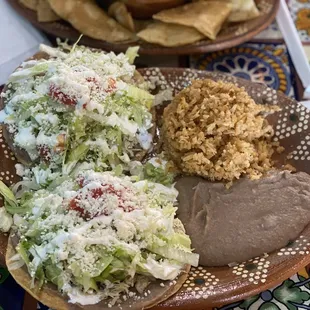 Chicken Tostadas, rice and beans