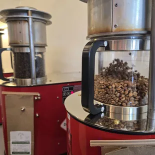 Roasting coffee, in progress (front) and almost finished dark roast (back)