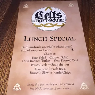 Celts Craft House now has a Lunch Special!! Great deal for $8