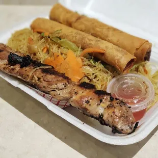 Trio Combo (2 eggrolls, Pancit and Meat on a Stick) $12