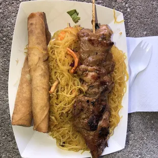 Combo for $11: pancit (or fried rice), Chicken skewer, 2 lumpia