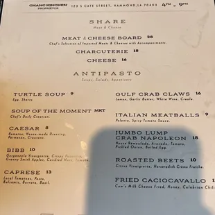 Dinner menu