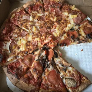Half mushroom and pepperoni and half ham and pineapple